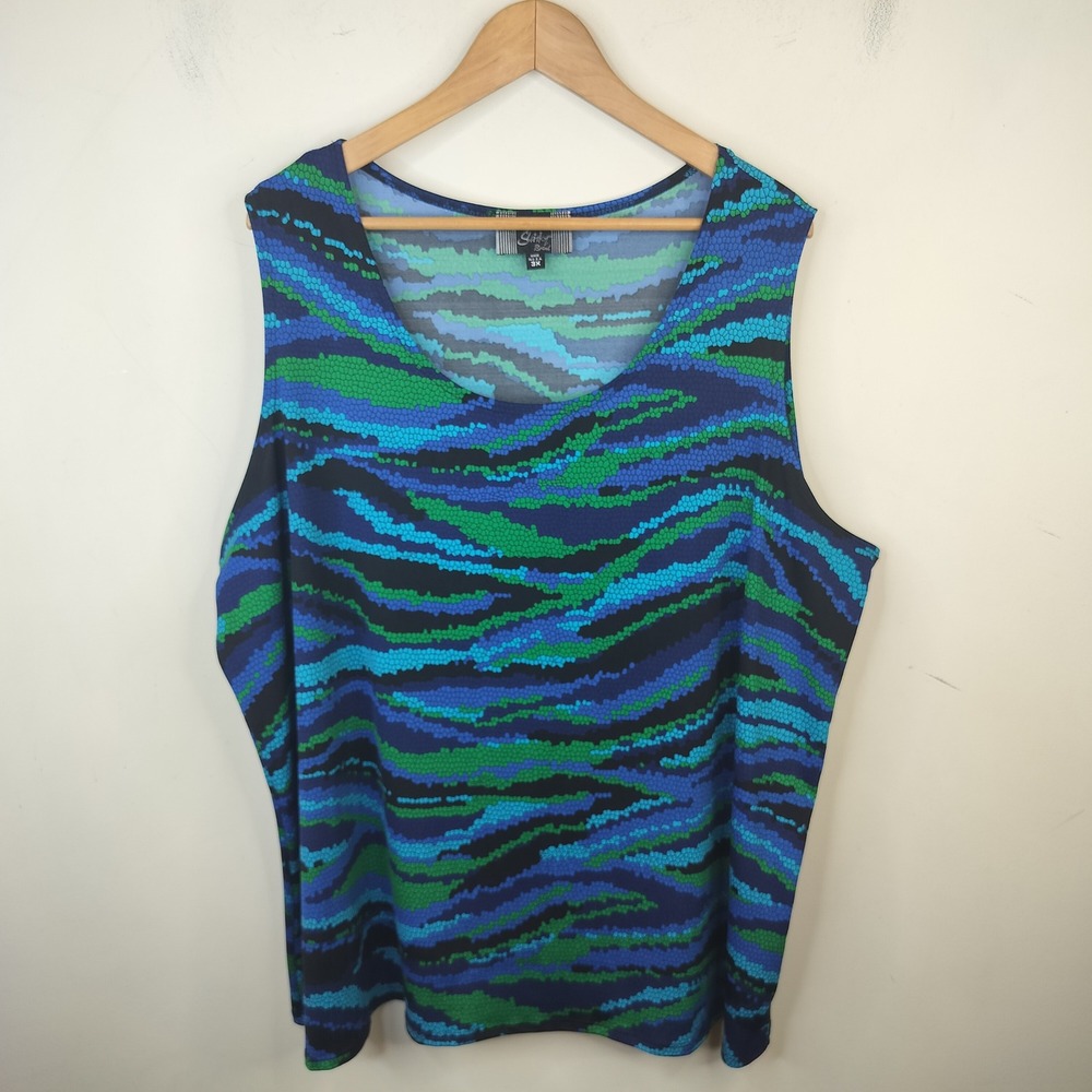 Slinky Brand Tank Top 3X Abstract Mosaic Sleeveless Stretch Blue Green Jersey